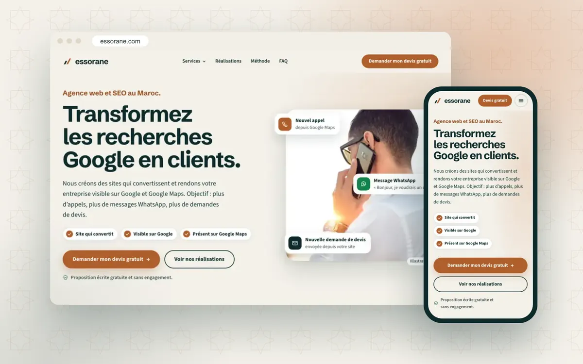 Le site essorane.com affiché sur ordinateur et sur téléphone