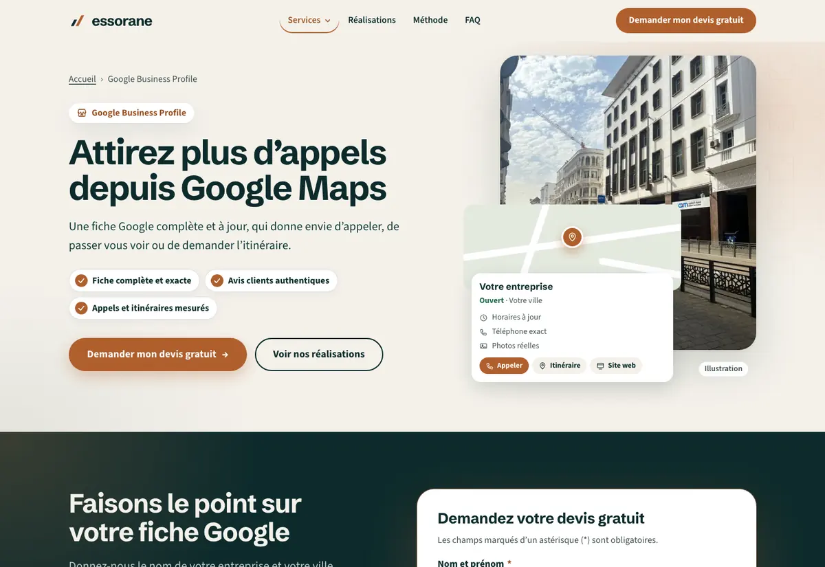 La page Google Business Profile du site essorane.com