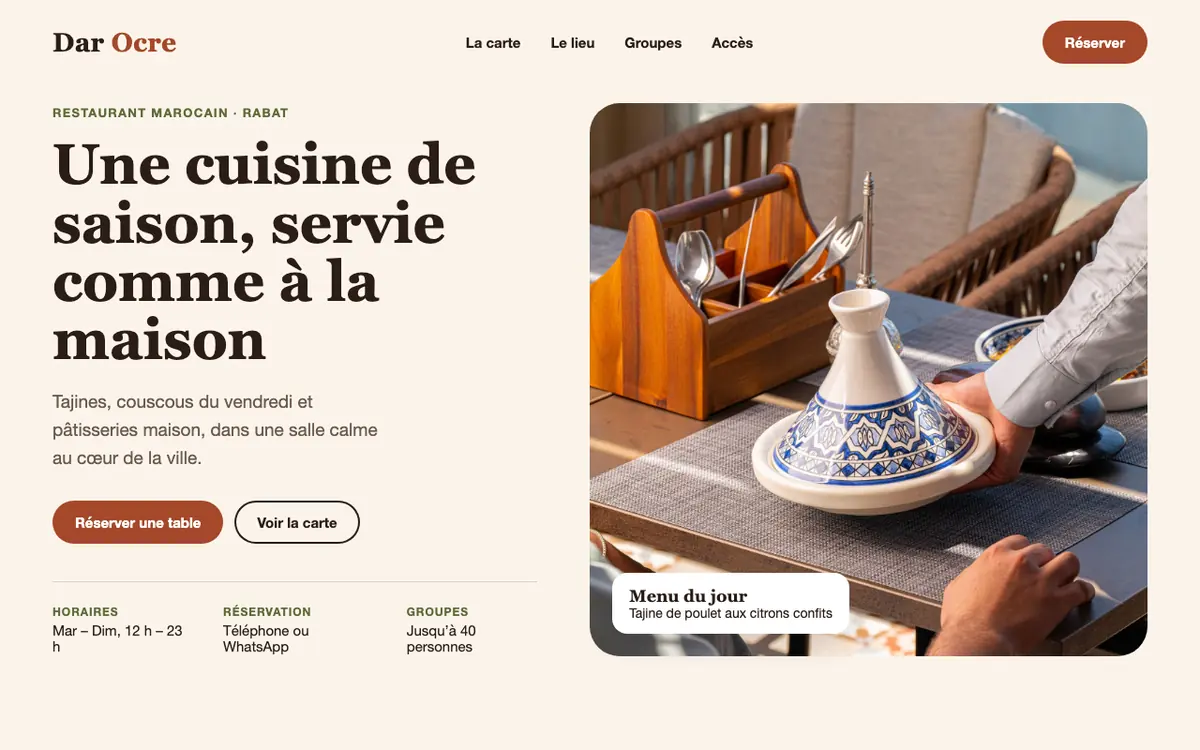 Après : le nouveau site du restaurant fictif Dar Ocre