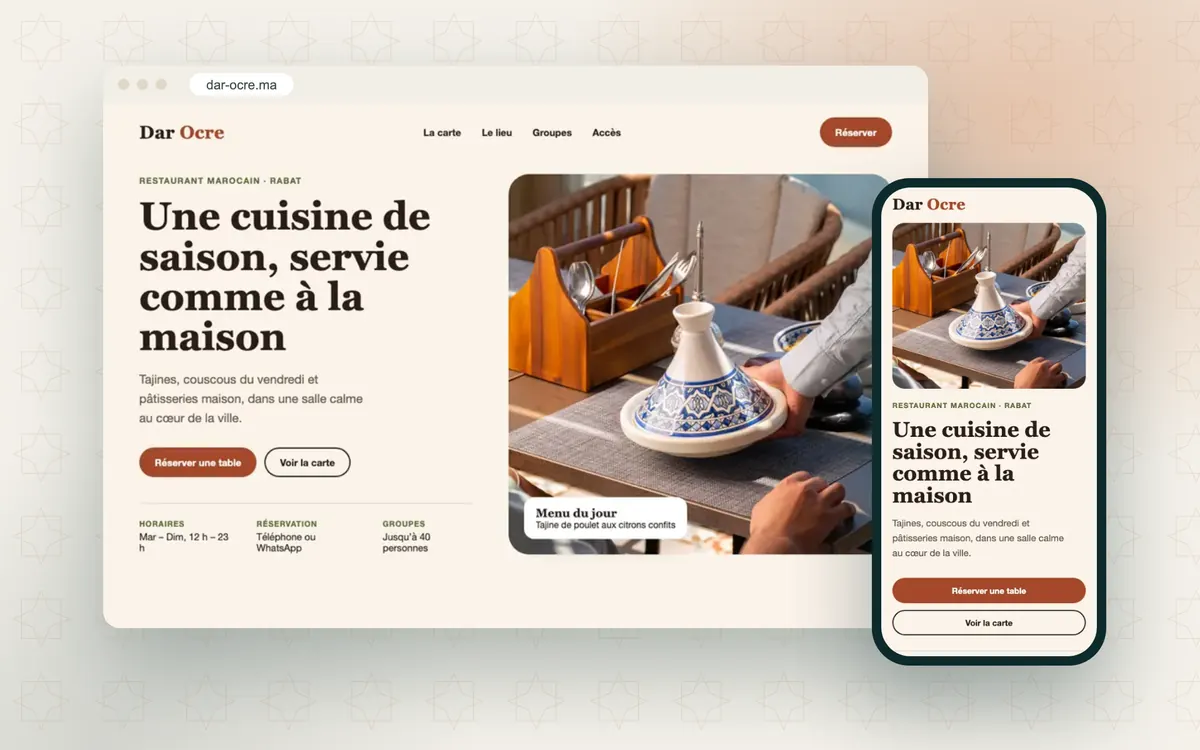 Le site de démonstration Dar Ocre sur ordinateur et sur téléphone
