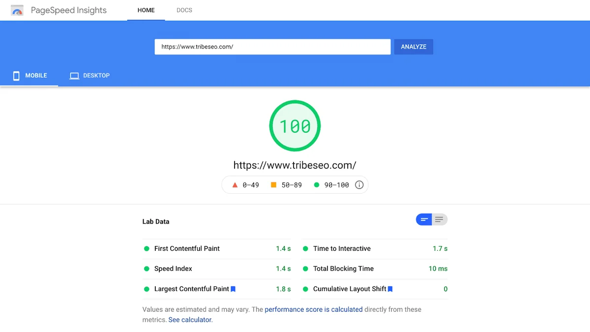 Illustration : rapport PageSpeed Insights avec un score de performance de 100