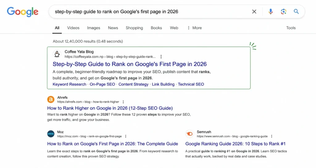 Illustration : page de résultats Google avec un site en première position