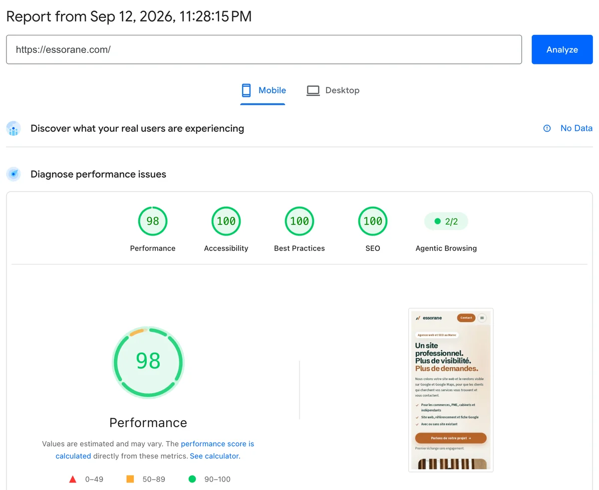 Rapport PageSpeed Insights mobile de essorane.com du 12 septembre 2026 : performance 98, accessibilité 100, bonnes pratiques 100, SEO 100